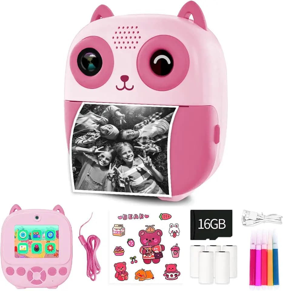 Paw Print Kids Instant Print Camera, Quality Digital Camera for Girls and Boys Age 3 4 5 6 7 8 9 10 11 12, Toddler Camera, with 4 Rolls Thermal Print Paper, Fun Design, Child Birthday Gift (Pink)