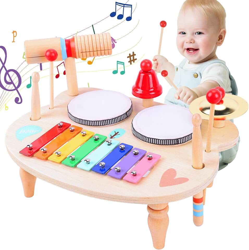 LZDMY Schlagzeug Kinder, 10-in-1 Trommel Musikinstrumente für Kinder ab 1 2 3 Jahr mit Xylophon, Kinderspielzeug Holzspielzeug für Ostern Weihnacht Geschenk Junge Mädchen