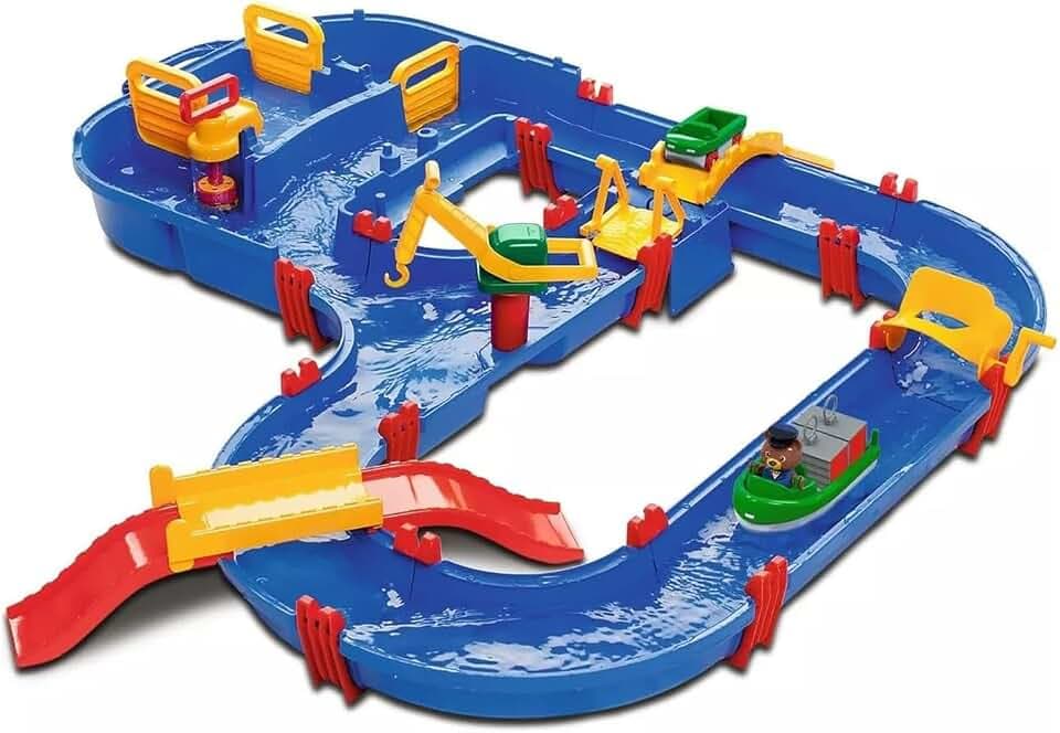 AquaPlay - MegaBridge - Wasserbahnset mit 3 Spielstationen und 49 Teilen, inklusive BO der Bär, Amphibienauto und Transportboot mit 2 Containern, für Kinder ab 3 Jahren