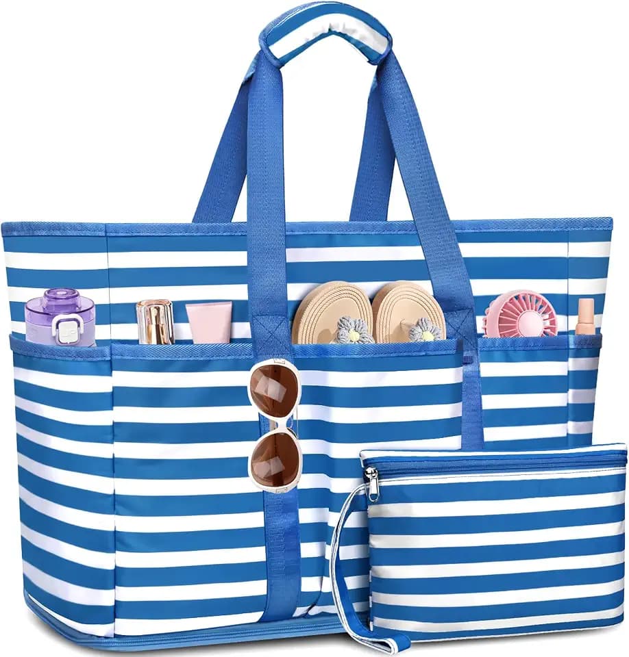 Large Beach Bag with Zipper, 12 Pockets Waterproof Sandproof Pool Bag Womens Mesh Beach Tote Bag for Travel Vacation