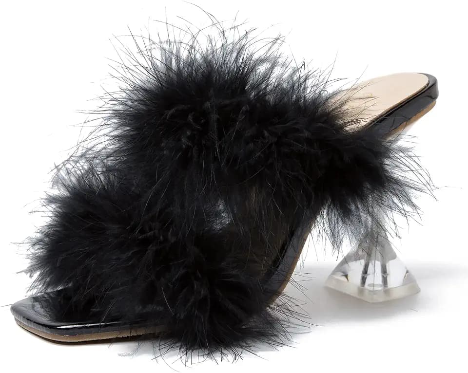 Women's Square Toe Fuzzy Heels High Clear Heel Mules Sandals Two Fluffy Feather Bands Slippers Party Prom Dresses Shoes