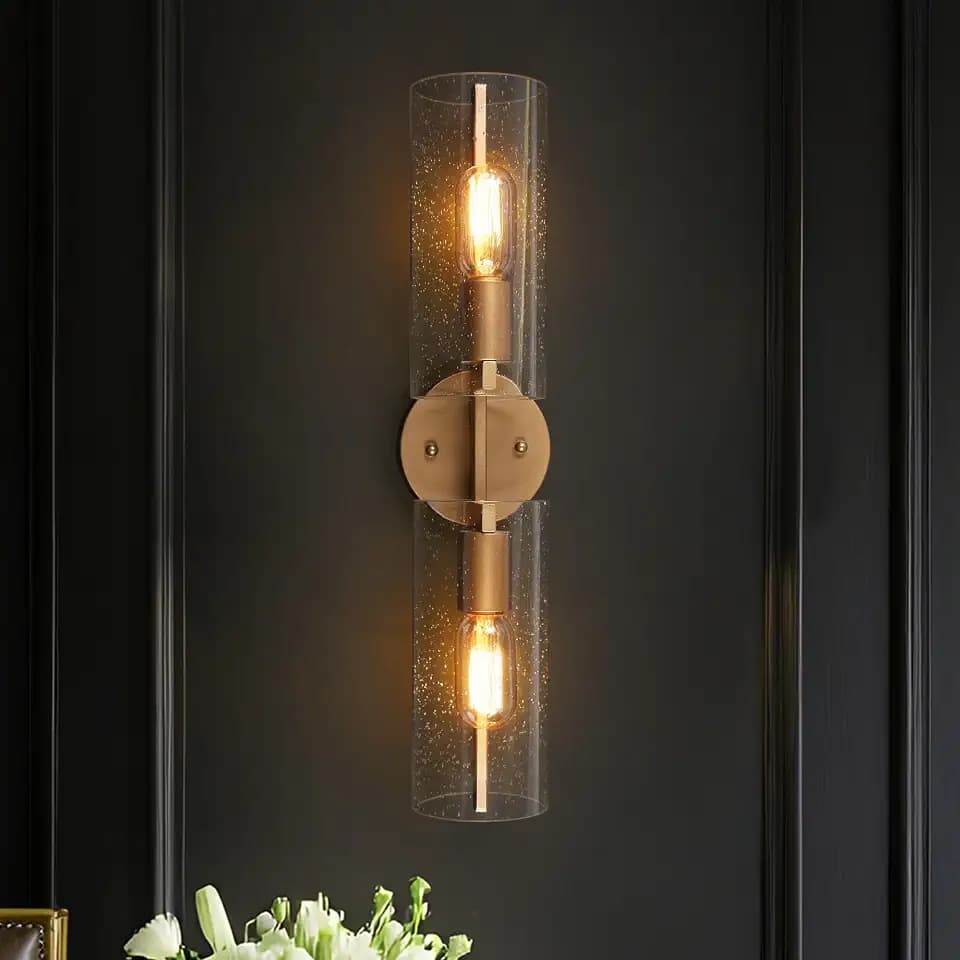 KSANA 2-Light Bathroom Vanity Light, Gold Wall Sconce with Seeded Glass Shades, Modern Wall Light Fixture, Up or Down Mounting for Bathroom, Mirror