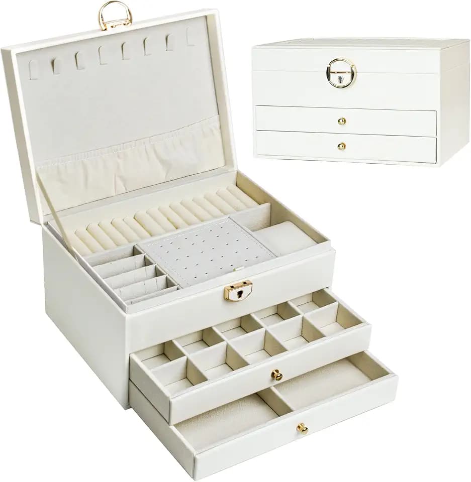 ADEL DREAM Schmuckkasten dreistöckige Schmuckbox Schmuckschatulle mit linearem Design Schmuckaufbewahrung Geburtstags- und Feiertagsgeschenk für Damen Tochter und Freunde weiß