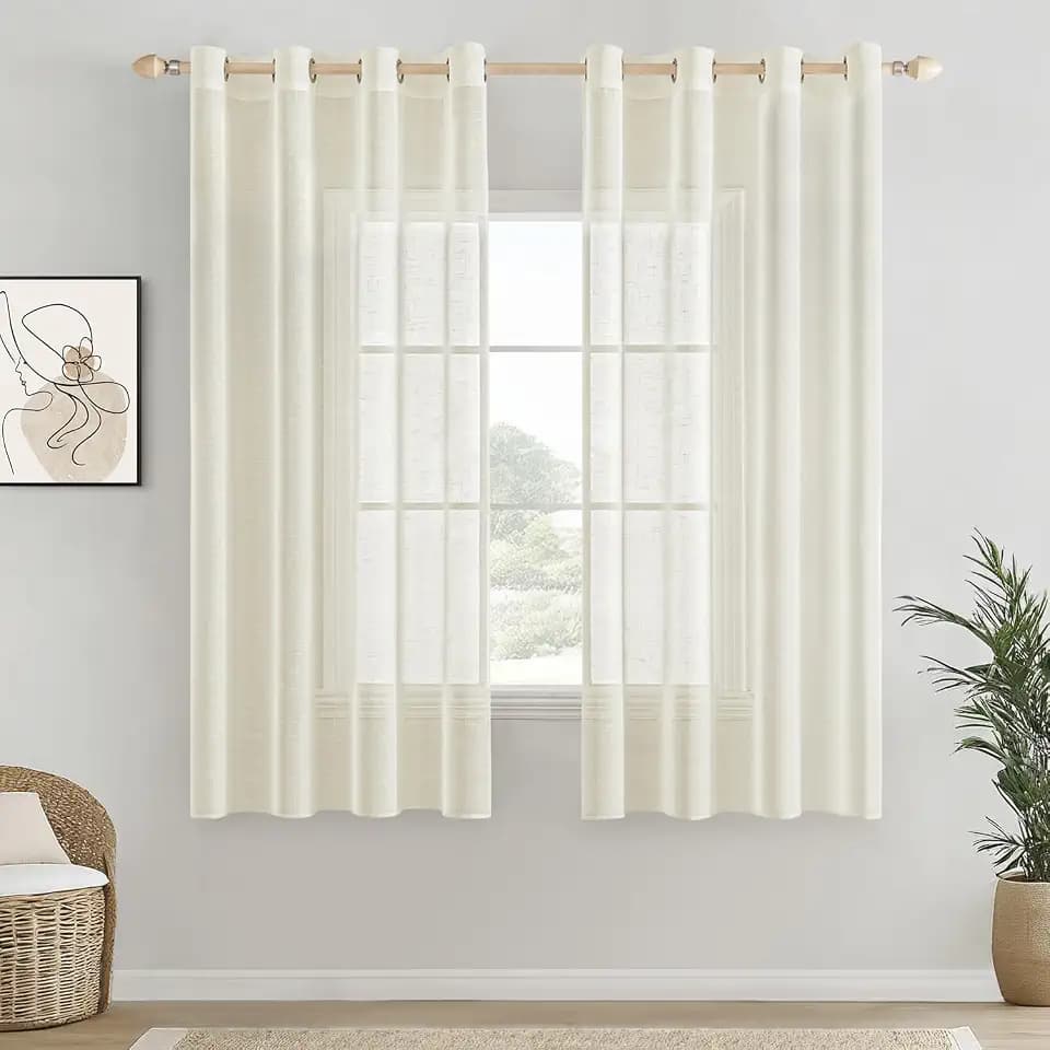 EMEMA Voile Vorhang Sheer Leinenvorhang Transparente Leinen Gardinen Ösenschal Wohnzimmer Wohnzimmer Modern 2er Set Fensterschal Dekoschal Schlafzimmer mit Ösen 140 x 145cm (B x H) Elfenbein