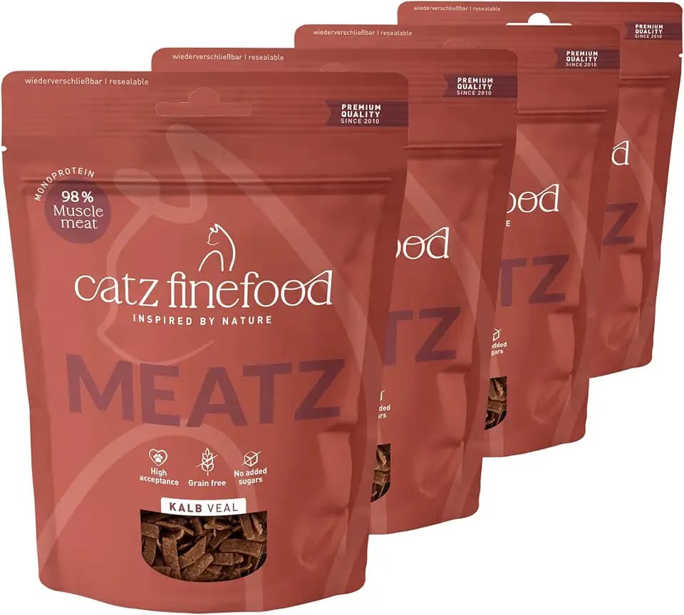 catz finefood MEATZ Kalb Katzen Leckerlies - knusprige Fleischstreifen getreidefrei & ohne Zuckerzusätze - natürlich & aromatisch - Made IN Switzerland (4 x 45 g)