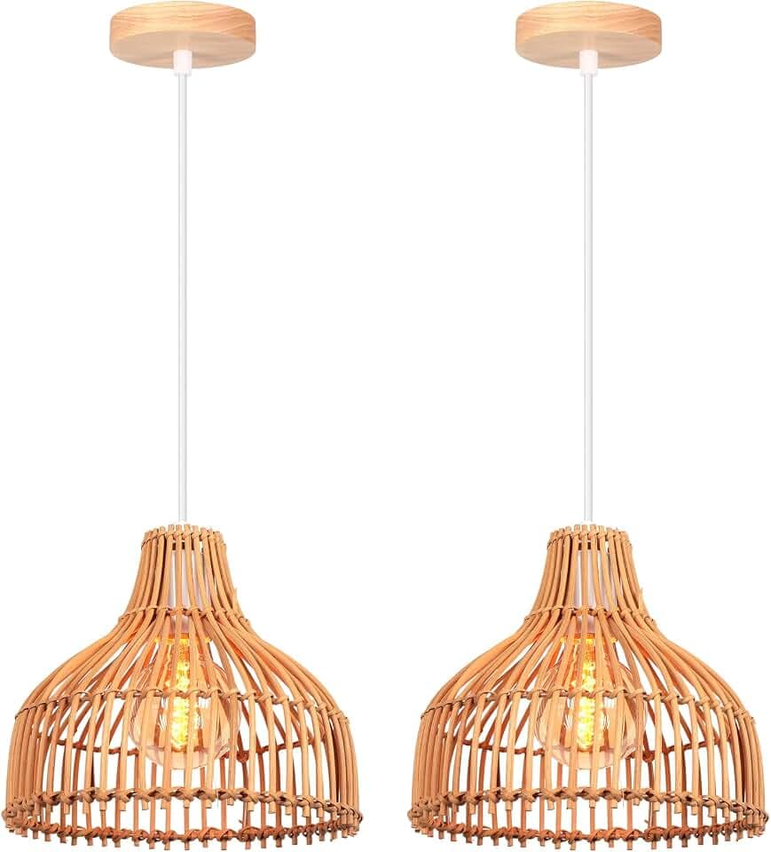 2 Stück Pendelleuchte Bambus Weben Kronleuchter Rattan Boho Style Bambus Ø24cm Lampenschirm Vintage Deckenlampe Dekoration Deckenleuchte für Restaurant Küche Wohnzimmer Café