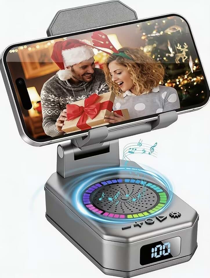 Bluetooth Speaker with Foldable Phone Tablet Stand, Dimmable LED Lights, USB Charging Port, Anti-Slip Base, Bluetooth 5.4, 20H Playtime