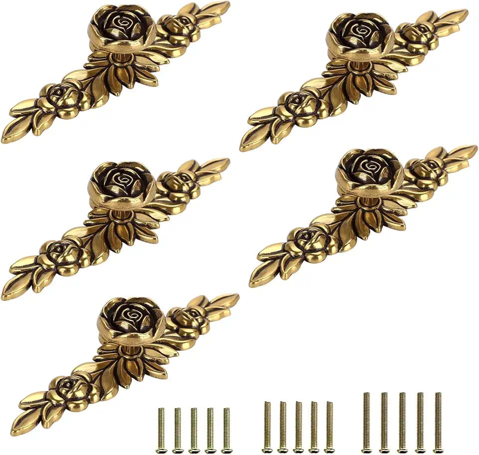 JUXYES Vintage Floral Rose Handle Pulls Knobs for Cabinets and Drawers