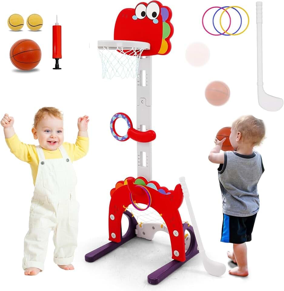 4-in-1 Basketballkorb für Kinder,Höhenverstellbar 100-120CM,Tragbare Basketballkorb Outdoor mit 1 Basketball,2 Golfball,1 Golfschläger,1 Pumpe, 3 Ringe,Mini Basketballständer für Kinder