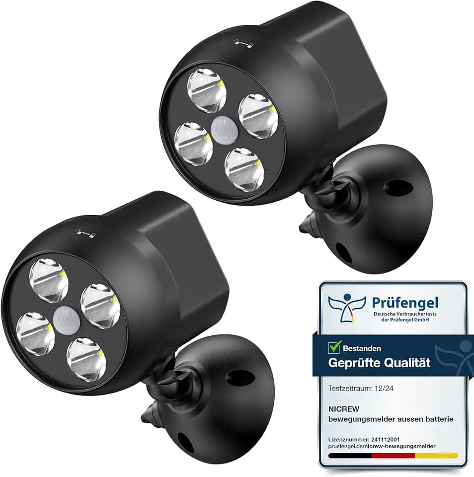 NICREW Bewegungsmelder Außen mit Batterie, PIR Sensor, 2 PCS
