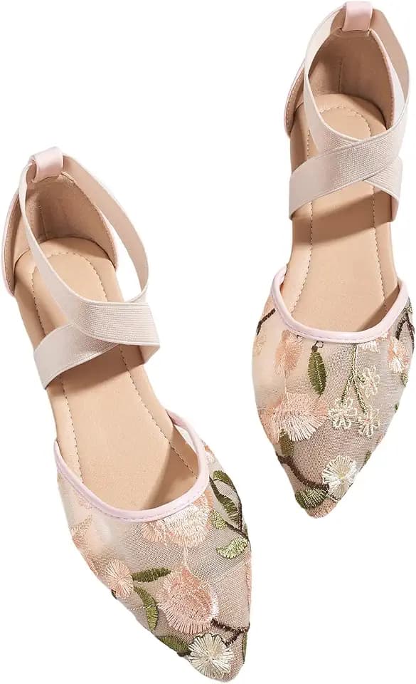 SweatyRocks Women's Floral Embroidered Mesh Dressy Ballet Flats Pointed Toe Crisscross Wedding Shoes