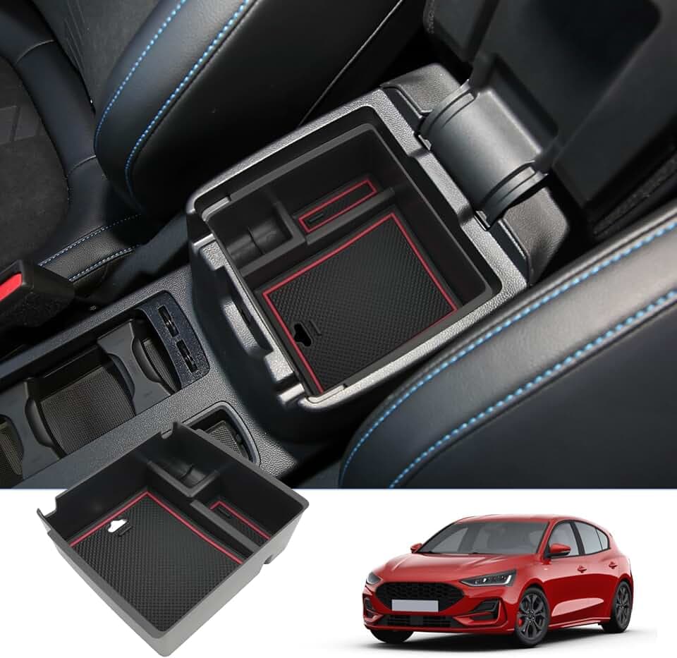 BIXUAN Focus4 kompatibel mit Ford Focus MK4 Kuga MK3 2018-2023 2024 Mittelkonsole Aufbewahrungsbox mit Rutschfester Matte Ablagefach Zubehör Armlehne Organizer Tray Mittelarmlehne Handschuhfach Rot