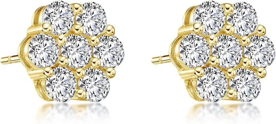 14K White Yellow Gold Plated Stud Earrings for Men Women, Hypoallergenic Princess Round Cut 0.6CT-2.8CT Cubic Zirconia Square Round Halo Stud Earring, Iced Out CZ Studs Jewelry for Men, 9.5-11MM