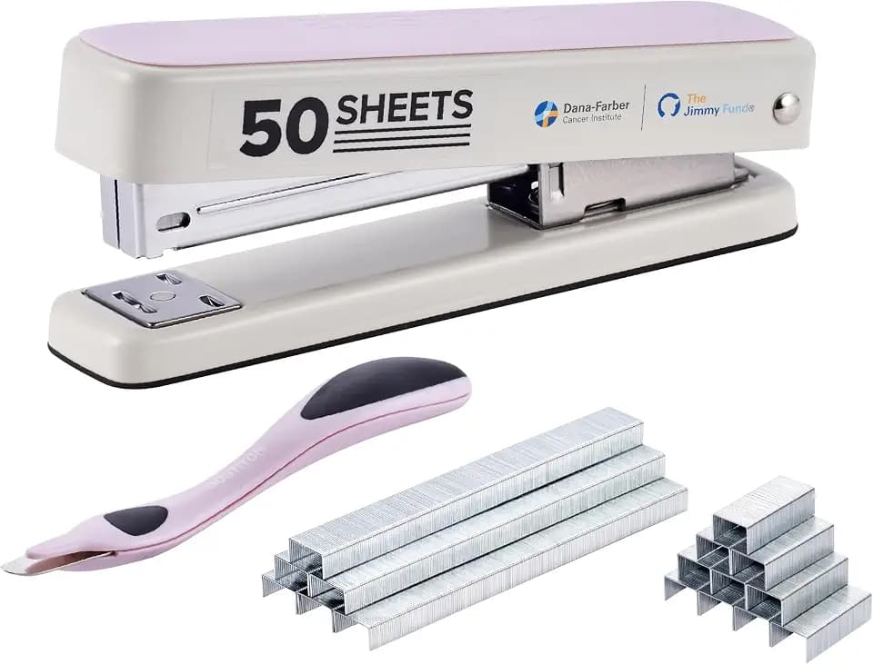 Bostitch Titan Heavy Duty Metal Stapler, 50 Sheet Capacity with 1250 Staples and Ergonomic Staple Remover, Jam Free Stapling, Full Strip Stapler for Desk, Office and Classroom, Pink & White