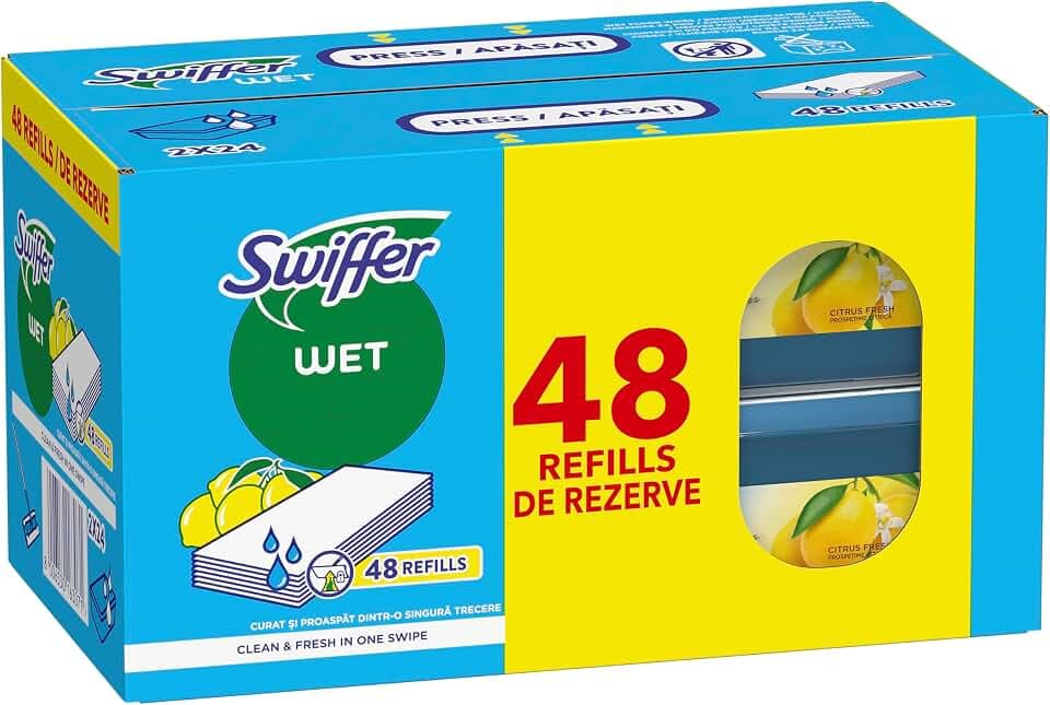Swiffer Nasse Ersatzeinlagen für Mopp mit Frischem Duft Zitrone, 48 Stück, Einfache und schnelle Reinigung Fußböden
