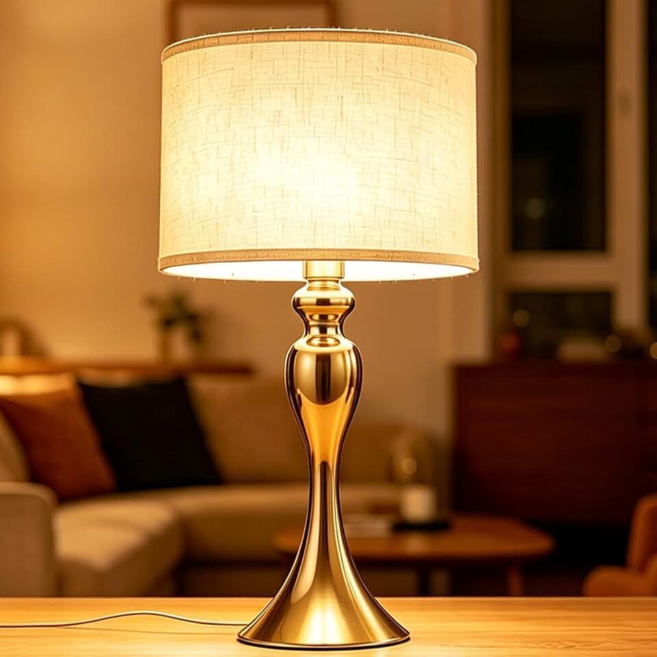 Gold Table Lamp Single Bedside Nightstand Lamp 3-Way Dimmable with A19 Bulbs Desk Light for Bedroom,Living Room