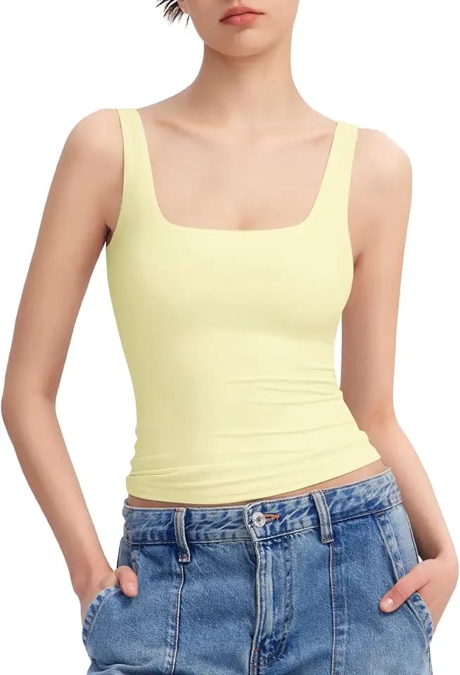PUMIEY Women's Square Neck Tank Top Sleeveless Double Lined Basic Tops Sharp Collection