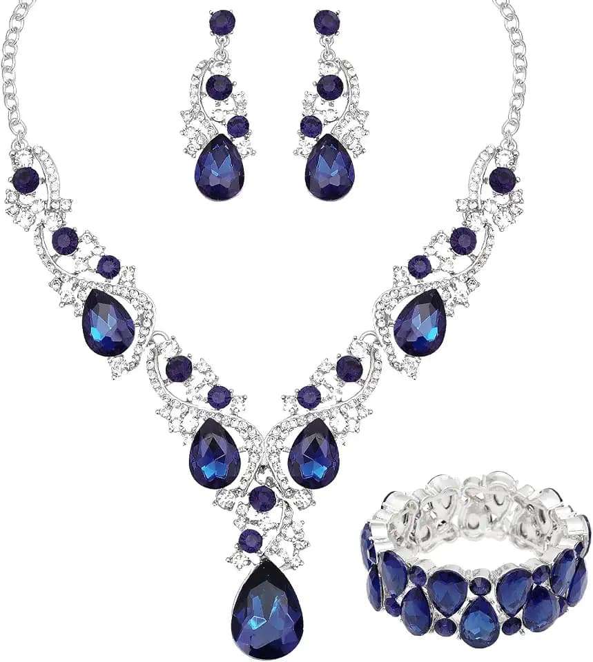 CSY Women's Elegant Bridal Necklace Earrings Stretch Bangle Bracelsts Set for Bride Bridesmaid Wedding Teardrop Crystal Costume Jewelry Sets