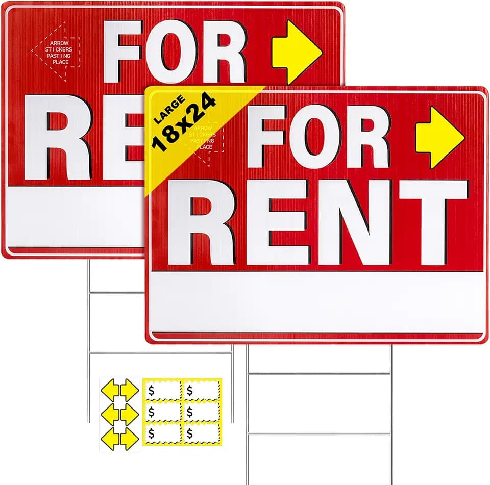 2 Pack Large For Rent Sign with Stakes 18" x 24" Double-Sided Yard Signs with Arrow Stickers Pricing Stickers Corrugated Plastic For Rent Signs with Metal Stakes Weather-Proof