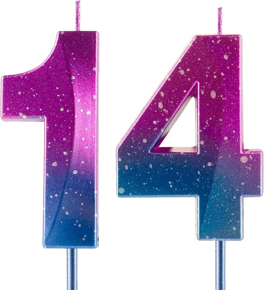 Number 14 Candles 14th Birthday Galaxy Gradient Happy Birthday Purple Blue Gradient Candle Premium Wax & 3D Diamond Design Cake Topper Decorations for Party Anniversary Celebration Supplie