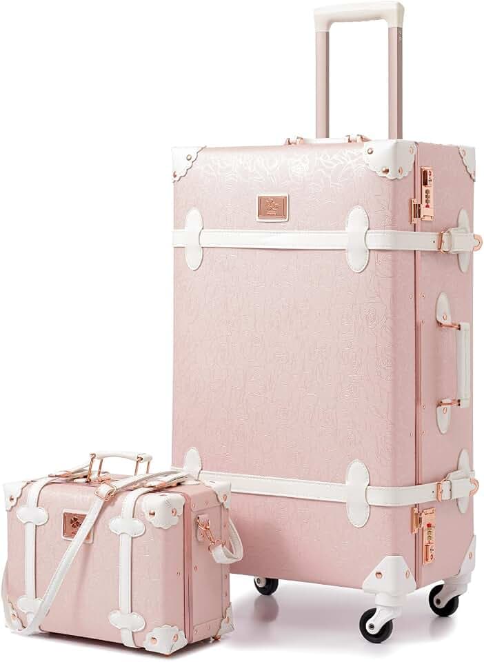 urecity 20" Elegant Pink Vintage Luggage Set 2 Piece, Aluminum Frame Retro Carry On Suitcase with Cosmetic Case, Vegan Leather Spinner Trunk for Women (Clear Cover Included)