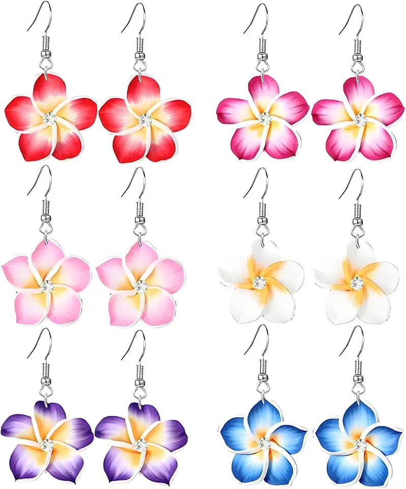 coadipress 6 Pairs Hawaiian Tropical Plumeria Rubra Drop Earrings for Women Bohemia Lovely Flower Luau Beach Dangle Earrings Summer Vacation Party Accessories Gifts