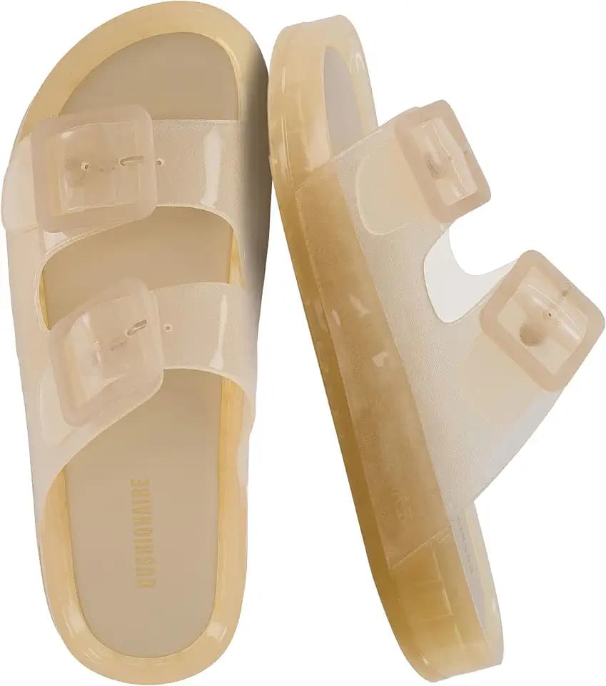 CUSHIONAIRE Pool Slides for Women Water Resistant Double Buckle Adjustable Slip-On Womens Sandals for Beach Shower Casual Wear