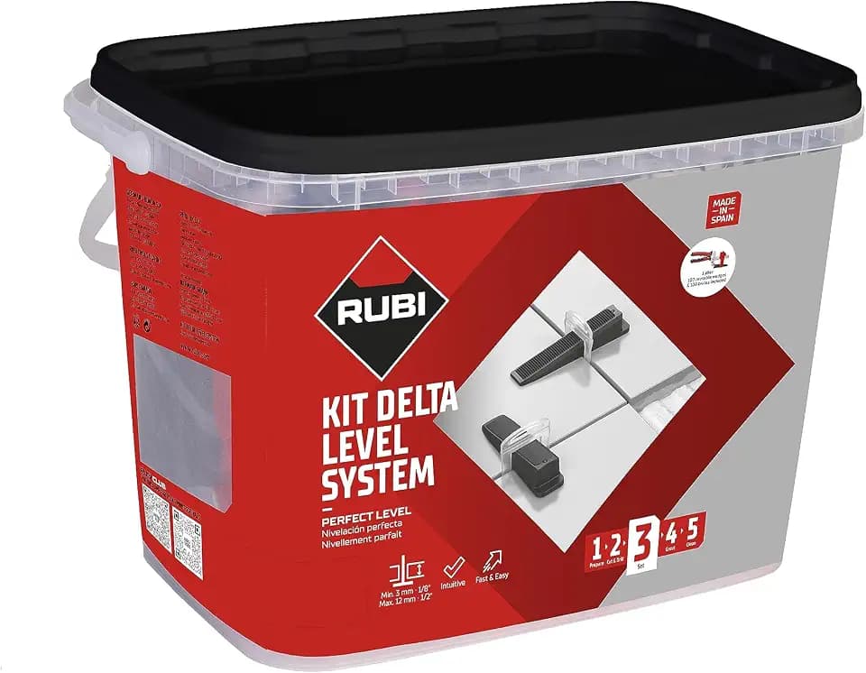 RUBI 3958 | Delta Level System Kit 2 mm (3-12 mm) | Set beinhaltet: 1 x Zange, 100 Kabelbinder und 100 x wiederverwendbare Nivellierkeile | System zur einfachen Platzierung von großformatigen