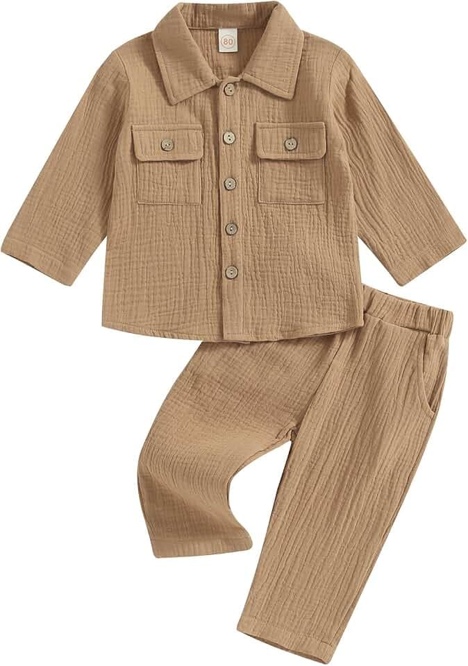2-teiliges Pyjama-Set für Kleinkinder, Jungen, Baumwolle, Leinen, einfarbig, langärmelig, Knopfleiste, Hemd, Hose, Set, Sommer, Herbst, Lounge-Set, Babyparty, Kleidung