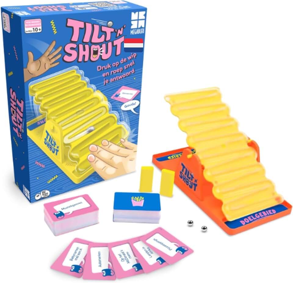 Megableu – TILT 'N' Shout – Bordspel voor Kinderen 8 Jaar+ – Interactief Woord – en Reactiespel met Knikkerbaan-WIP als Timer – 2-12 Spelers – Familiespel en Feestspel – Nederlandse Versie