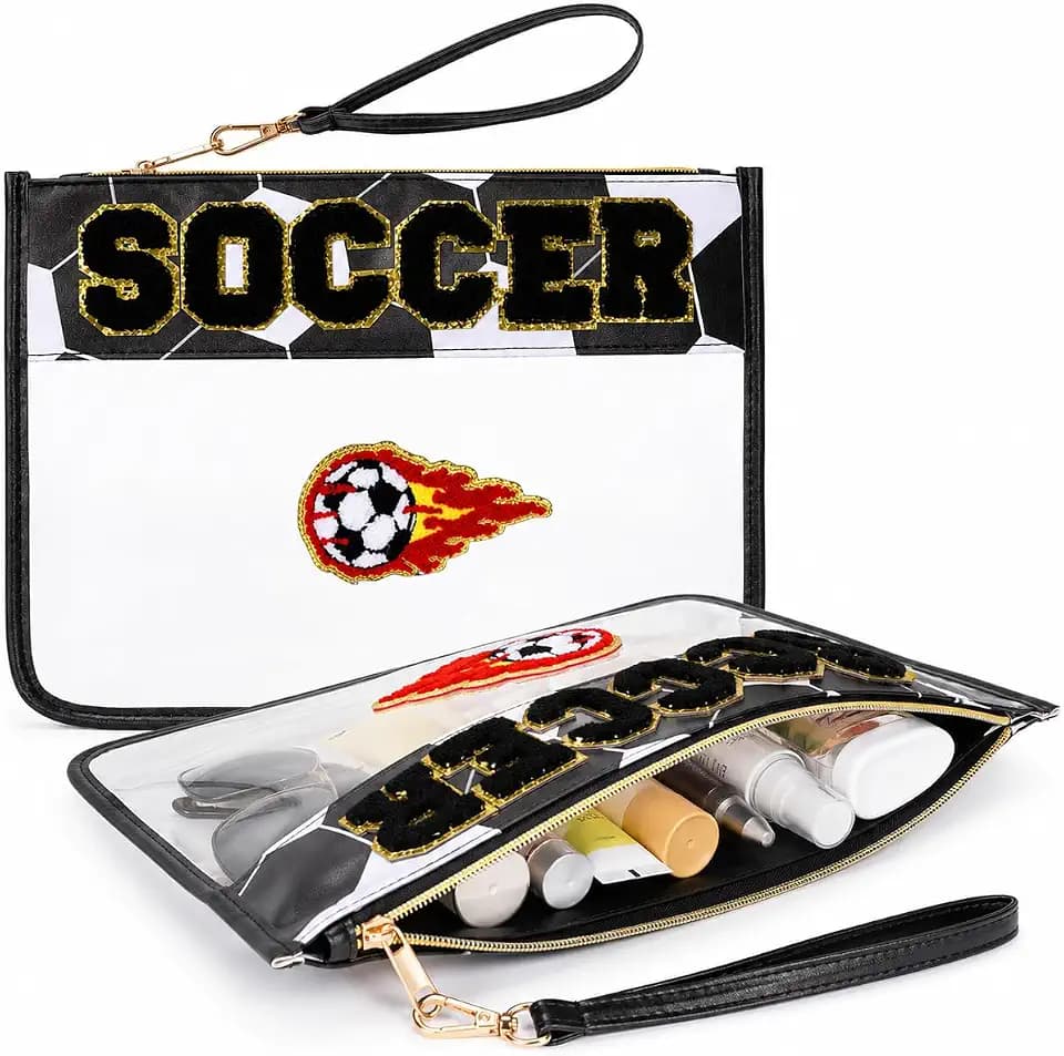 Bufilea Soccer Gift Clear Makeup Bag with Chenille Letter Patches, Waterproof PVC Toiletry Pouch with Wristlet, Large Portable Soccer Bag for Soccer Mom Essentials, Game Day & Travel Organizer
