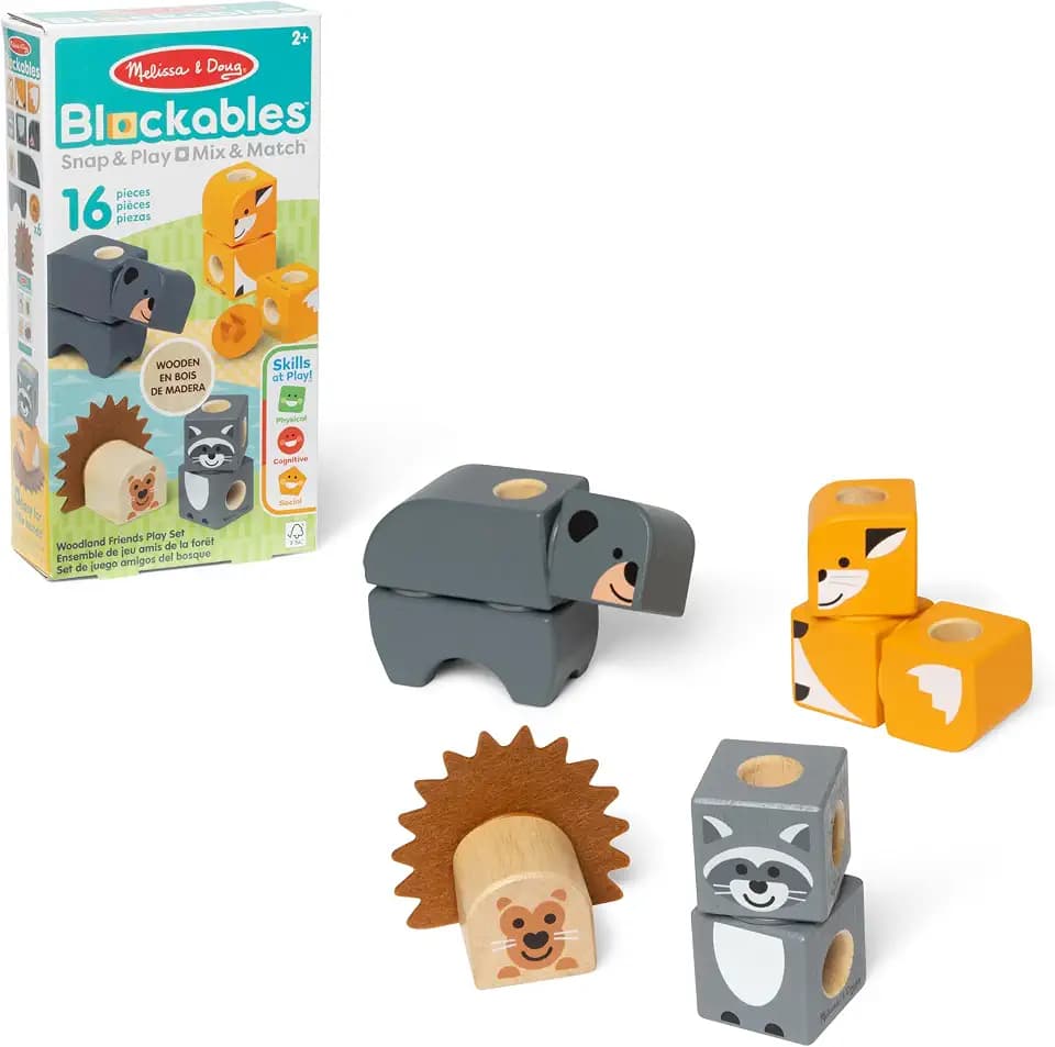 Melissa & Doug - Blockables Waldtierfreunde Bauset - 16-teiliges Set mit 9 Holzbausteinen, Steckverbindungen und Filzteilen zum Bauen von 4 Waldtieren, für Kinder ab 2 Jahren