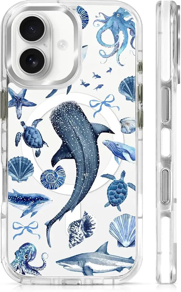 for iPhone 17 Case,Compatible with MagSafe,The Transparent TPU Silicone Protects The Phone Case from Drops, Slips and Fingerprints.Blue Ocean Whale Shark Octopus Turtle Collage