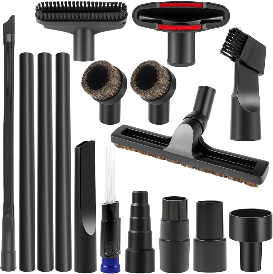 SEVNX 16PCS Universal Vacuum Attachments Kits for Shop Vac, 2 1/2" to 1 1/4" Vacuum Adapter, 1 7/8" to 1" Hose Adapter Dust Brush Flexible Crevice Extension Wand Tool for Shop Vac Accessories
