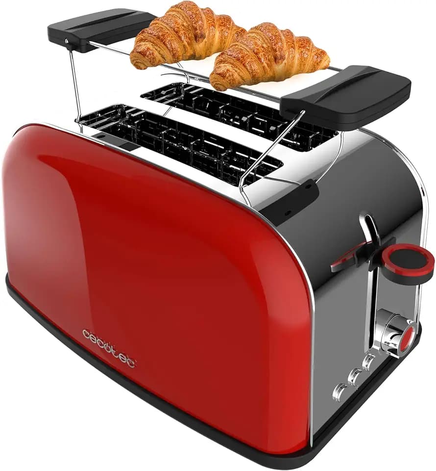 Cecotec Vertikaler Toaster Toastin' time 850 Red, 850W, Doppelter Kurzschlitz und breiter Schlitz von 3,8 cm, Obere Stäbe, Edelstahl, Automatische Abschaltung und Pop-up-Funktion, Krümelablage