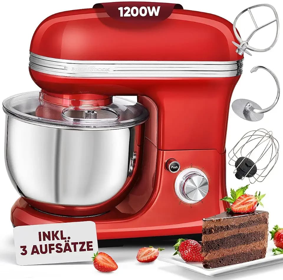 ProfiCook® Küchenmaschine zum backen | Knetmaschine 5L mit starkem 1200W Motor | Teigmaschine inkl. Haken & Schneebesen | Retro Teigknetmaschine Spritzschutz mit Nachfüllöffnung | PC KM 1197 rot