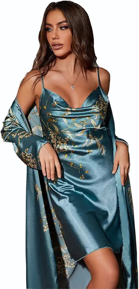 Nachthemd und Robe Set für Frauen Floral Nachthemd Weiche Kimono Robe Frauen Satin Bademantel Pyjama Set Cami Nachtwäsche