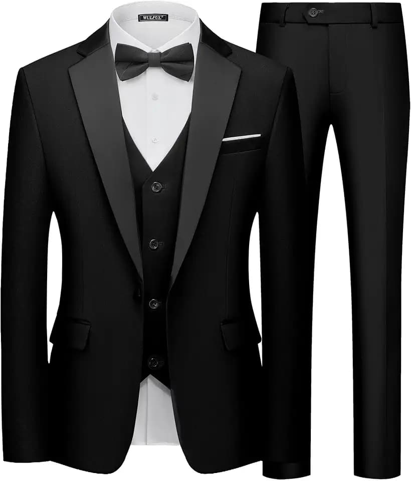 WULFUL Men's 3 Piece Tuxedo Slim Fit Suits for Men One Button Jacket Vest Pants Suit Set for Prom, Wedding