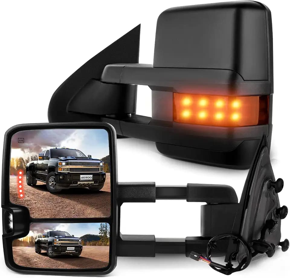 SCITOO Towing Mirrors Compatible With 2014-2018 For Chevy For GMC 1500 2015-2019 For Chevy For GMC 2500 HD 3500 HD A Pair With Power Adjusted Heated LED Turn Signal Clearance Light Black Housing