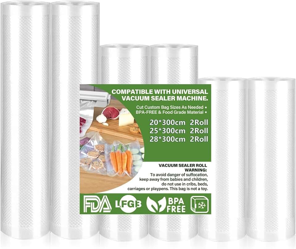 Vakuumbeutel für Lebensmittel, 6 Stück, Rolle für Lebensmittel, geeignet für alle Vakuummaschinen, zum Aufbewahren von Lebensmitteln und zum Kochen, BPA-frei (28/25/20 x 300 cm)
