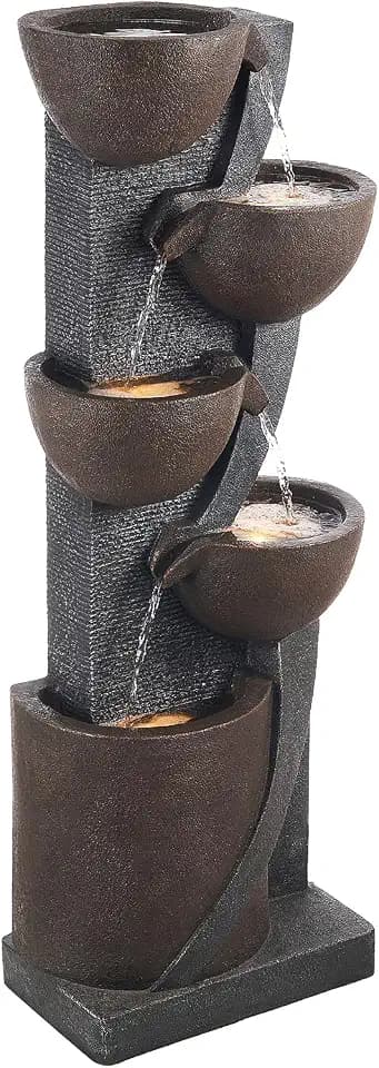 VEVOR Outdoor Water Fountain, 49.61 in Height Fountain and Waterfall, 5-Tier Floor Standing Jar-Shaped Cascading Fountains with LED Light and Pump, for Outdoor Indoor Garden, Home, Patio & Backyard