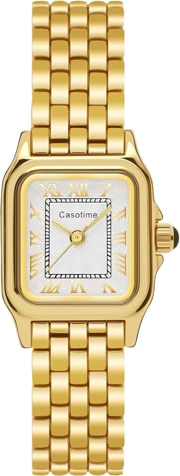 Casotime Gold Watches for Women Vintage Rectangular Dainty Jewelry Bracelet Watch Small Wrist Slim Reloj para Mujer Classic Roman Numeral Dial 3ATM Water Resistant with Link Removal Tool Gift for Her
