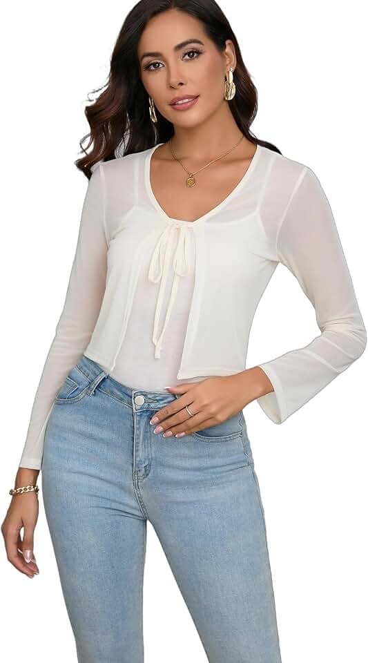 Damen Bolero Elegant Langarm V Ausschnitt Jäckchen Leicht Tie Front Shrugs Stretch Schulterjacke zum Kleid Top