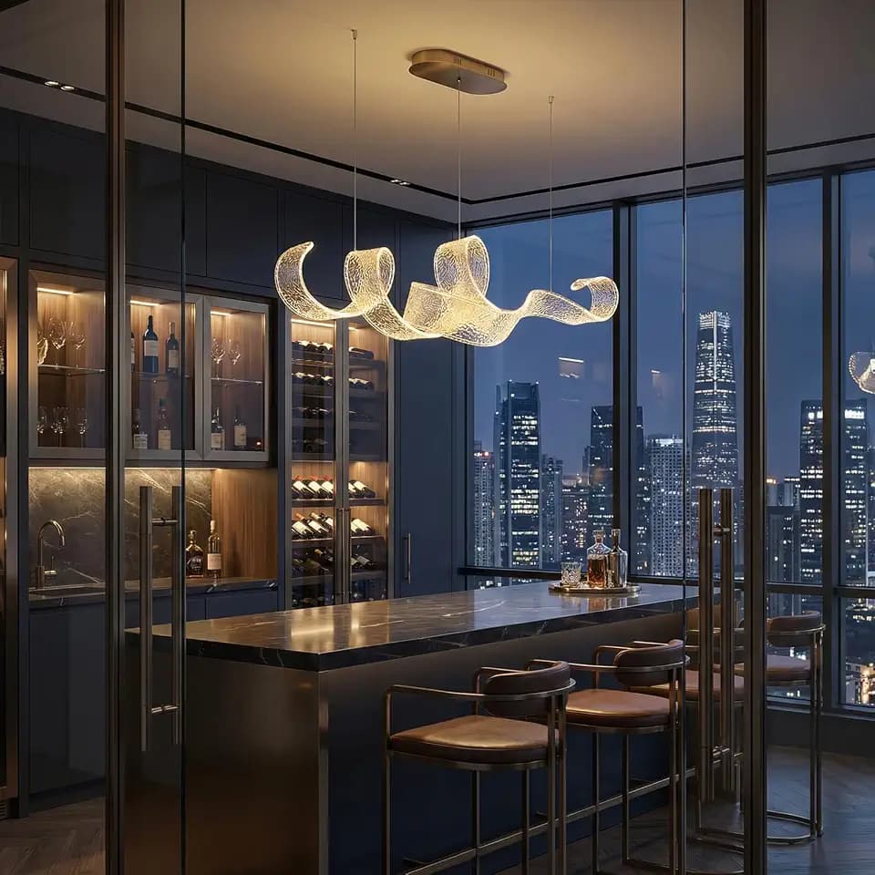 Modern LED Chandelier, Ribbon Design Pendant Light with Gold Frame and Starry Acrylic Shade, Dimmable Ceiling Light Fixture for Dining Room, Kitchen Island, Living Room, Bedroom