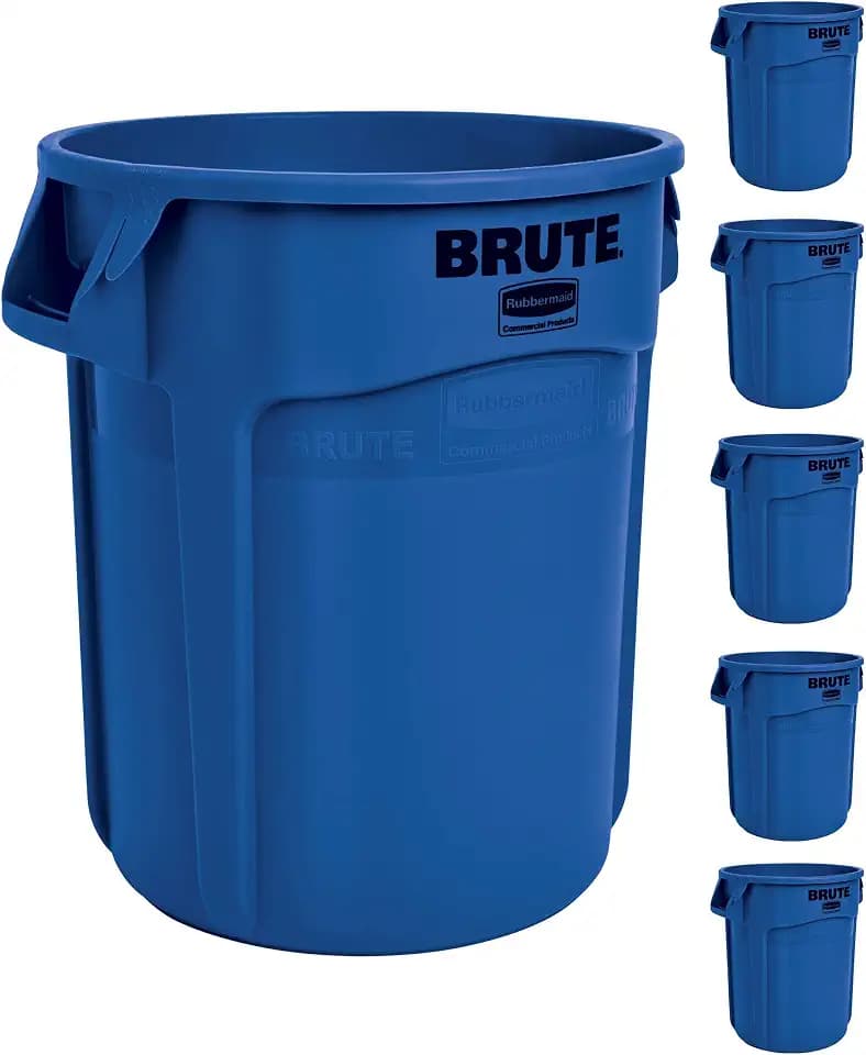 Rubbermaid Commercial Products BRUTE Heavy-Duty Round Trash Can with Venting Channels, 10-Gallon, Blue, Waste Container for Landscapers/Construction Sites/Restaurants/Offices/Warehouses/Home, Pack of 6