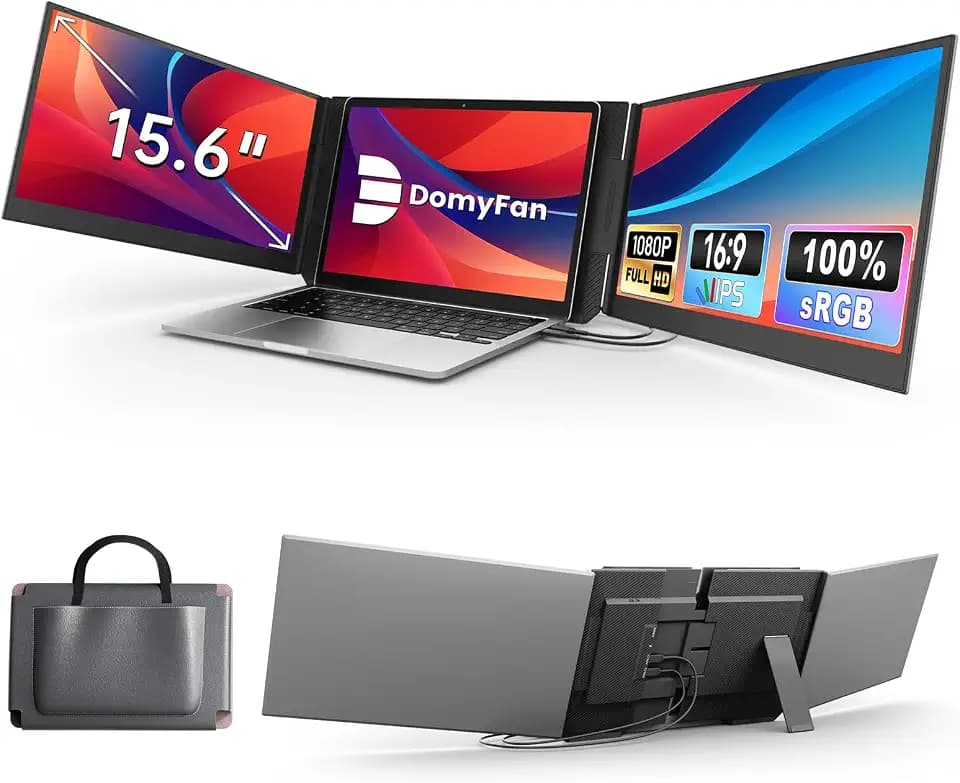 domyfan 15.6" Laptop Screen Extender, Triple Portable Monitor with Ultra-Thin FHD 1080P IPS Display for 13-17" Laptop, Plug & Play via HDMI/USB-A/Type-C, Compatible with Mac/Windows/Android