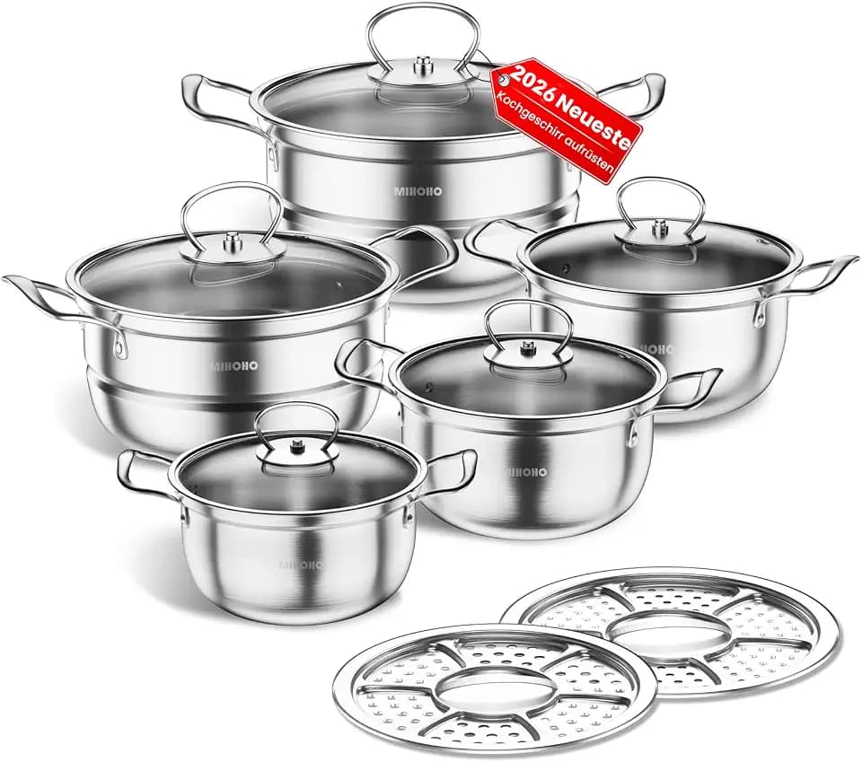 Topfset aus Edelstahl, Großes Kochgeschirr Induktion-Kochtopf-Set, Töpfe mit Glasdeckel und Stielkasserolle, 12-teilig, Töpfe Set Geeignet für alle Herdarten, unbeschichtet (Hellgrau D)