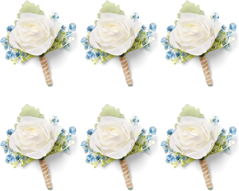 White & Blue Rose Boutonnieres for Men Wedding, Wedding Decor, 6PCS