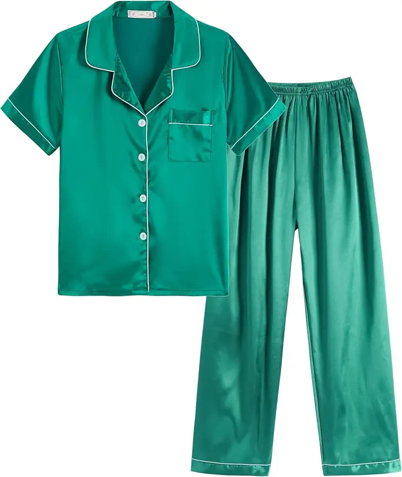 Hupohoi Kids Satin Pajama Sets Short Sleeve Long Pants 2pcs Silky Sleepwear