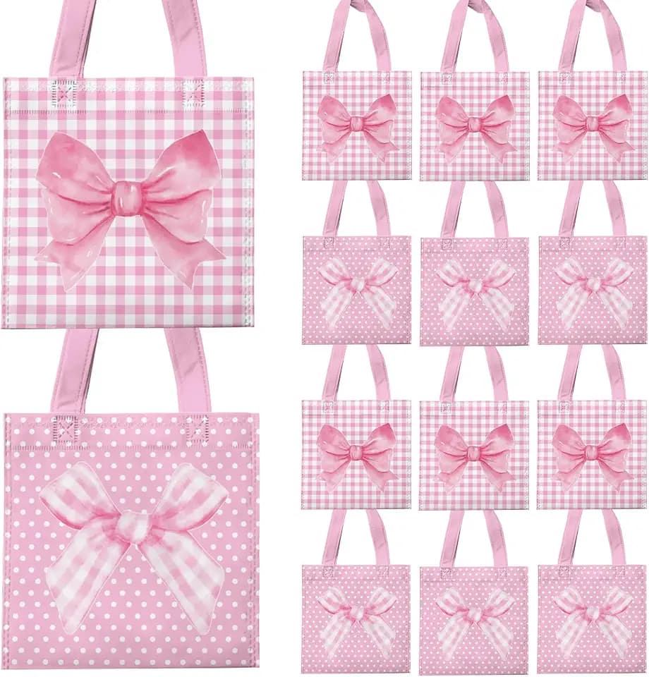 VDESFUEBY 20 Pcs Coquette Pink Bow Favor Bags, Candy Goodie Gift Non-woven Bags, Reusable for Pink Bridal Engagement Party Supplies